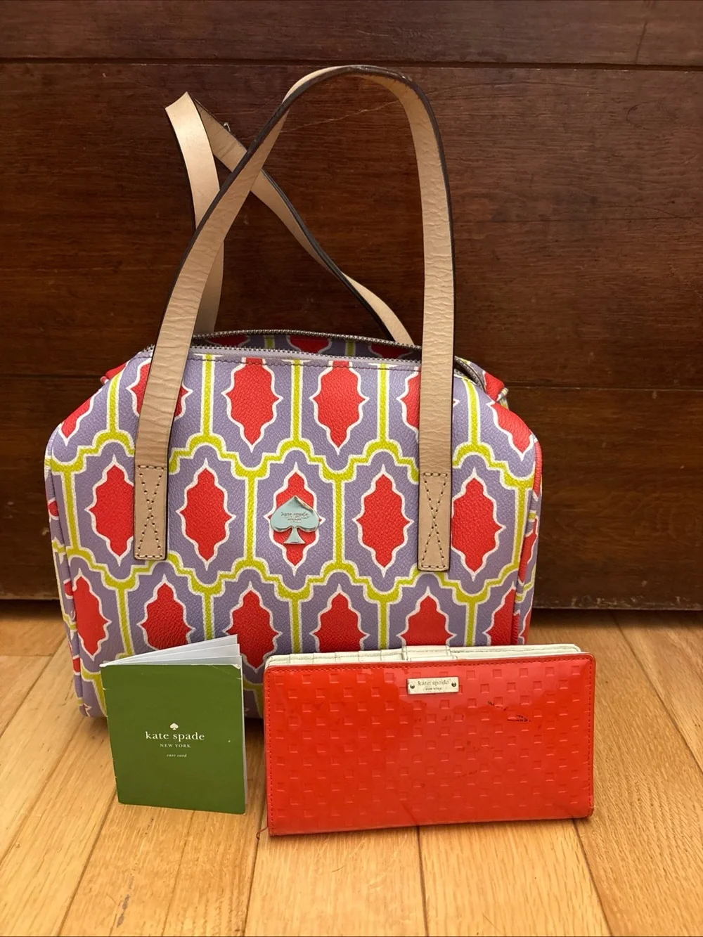 Kate Spade  Lavender orange & yellow Geometric Tote with Red Wallet